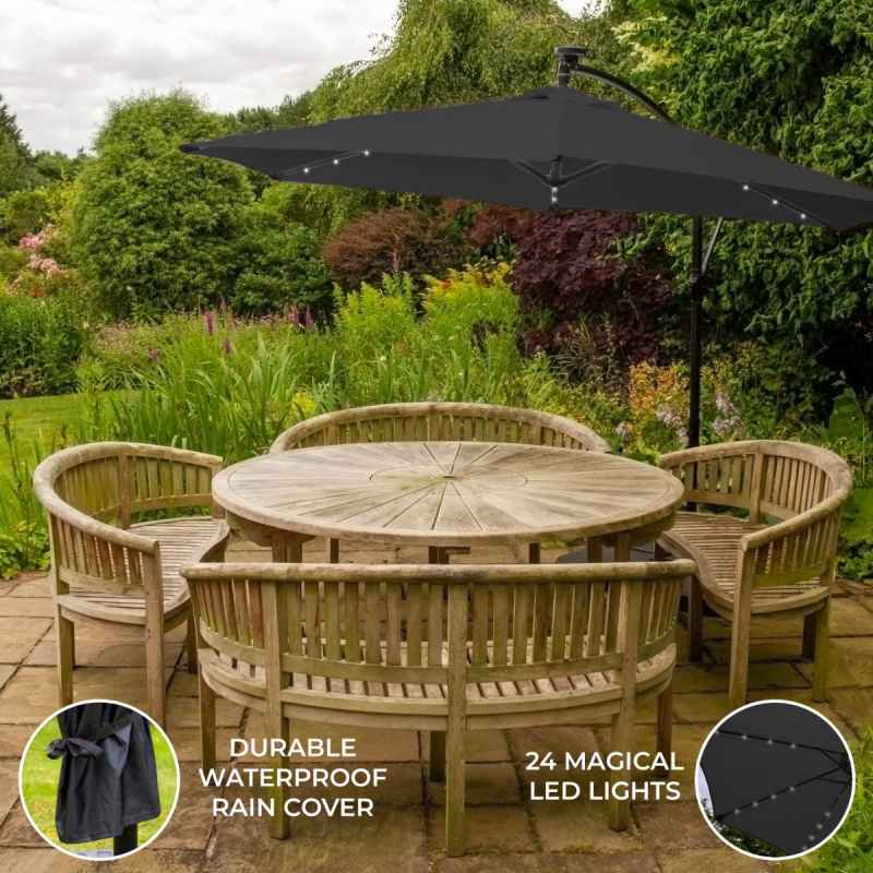 Grey LED Cantilever Parasol 3m Banana Hanging Umbrella Garden Sun Shade Canopy Patio Outdoor 360 Rotation Tilt UV Protection Winding Crank 24 Solar Powered Cool White LED Lights Waterproof Rain Cover