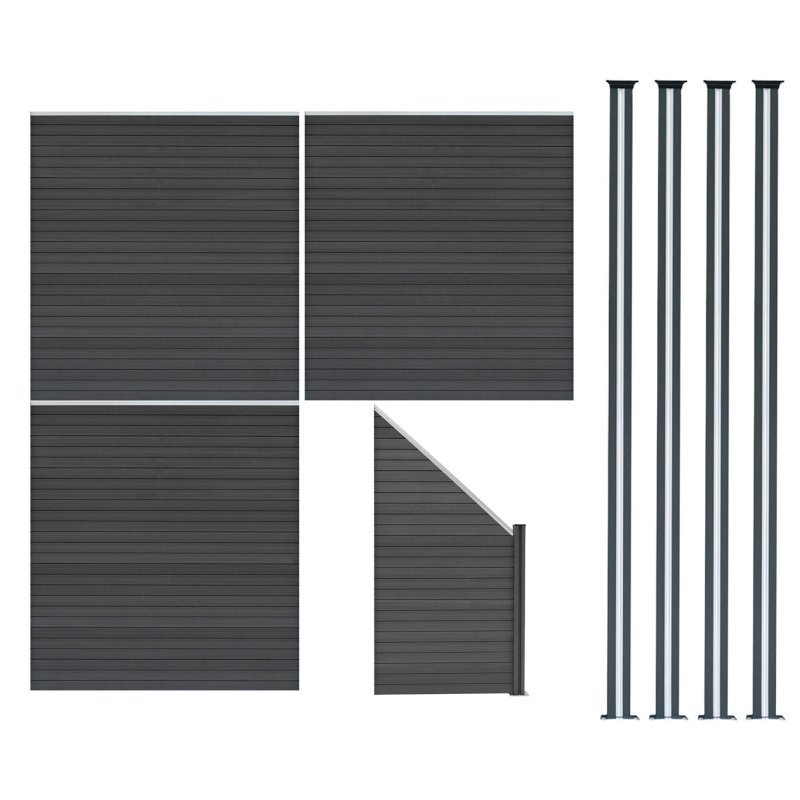 Composite Fence Panels, Angled Piece & LED Posts 6ft x 20ft - Grey