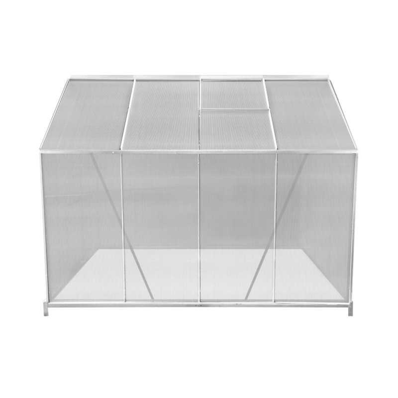 Greenhouse 6 x 8ft Aluminium Polycarbonate Steel Base Silver Weather Resistant Frame Support Bars Interchangeable Sliding Door 2 Roof Window Vents Walk In Gutter FREE W Clips