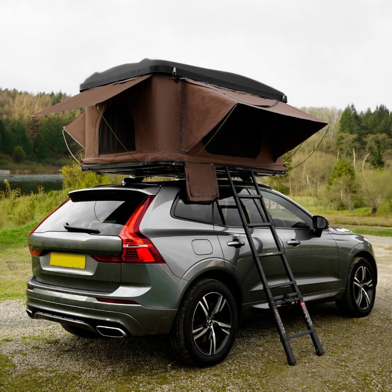 Car Roof Top Tent Brown Large Black Hard Shell Box Gas Assisted Pop Up Bunk 2-3 Person 3000mm Waterproof Camping Telescopic Ladder 5.5cm Mattress Boot Bags Anti Condensation FREE Storage Net & Torch