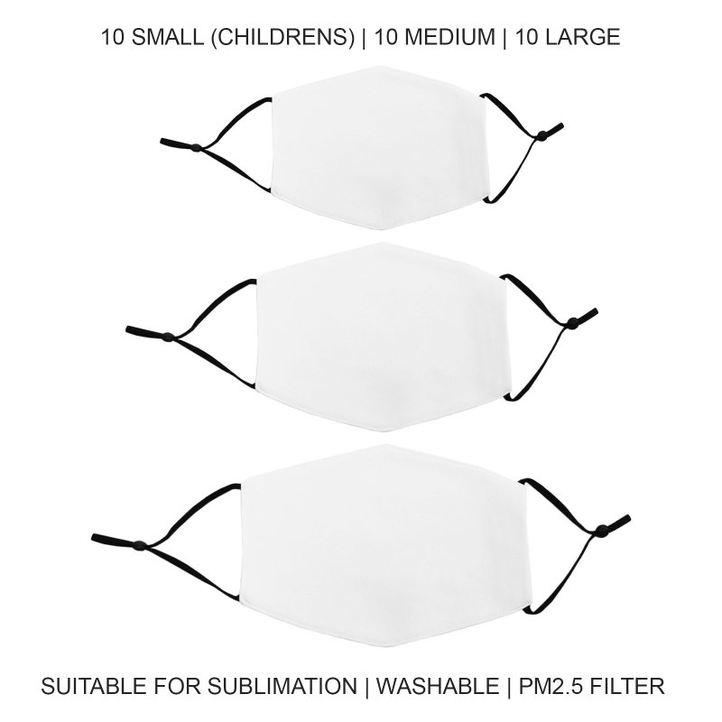 Face Masks Sublimation Blank / 30 Pack Mixed Size Bundle Facemasks / 5 Layer Filter White Dye Childrens Adults Customise Heat Press Print Transfer Personalise Printing Custom Reusable