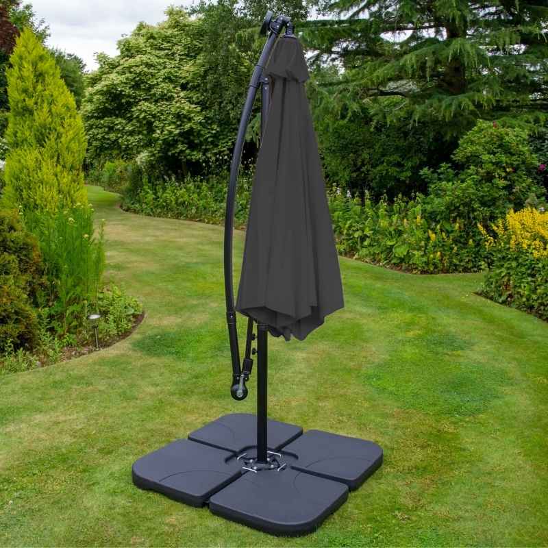 LED Cantilever Parasol 3m Grey Banana Hanging Umbrella Garden Sun Shade Canopy Patio 360 Rotation Tilt UV Protection Winding Crank 24 Solar Powered Cool White Lights FREE Rain Cover & Square Base
