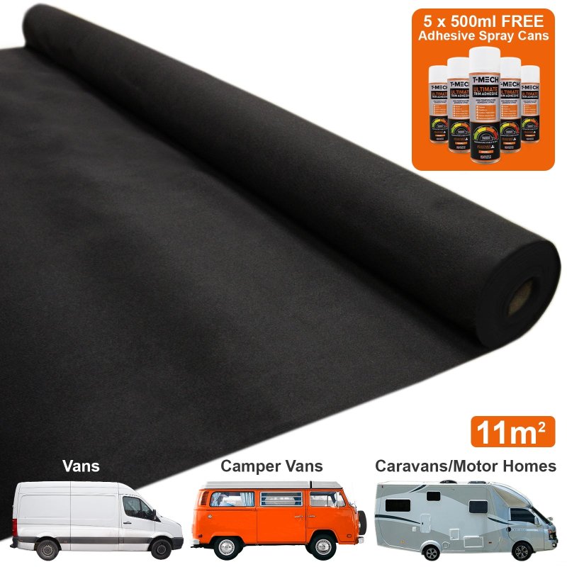 11m2 Van Lining Carpet Super Stretch Kit Camper Motor Homes Black & 5 Heavy Duty Adhesive Glue Spray Cans