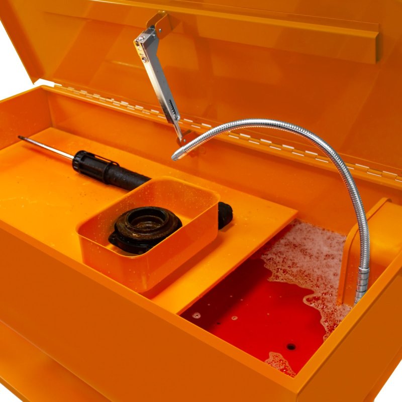 Parts washer 180L 40 Gallon Tank Free Standing Mechanic Garage Workshop Coated Steel Removable Shelf Small Components Container Fusible Link Lid 2.7 - 3.6 L/min Pump Output 24 Gallon Solvent Capacity
