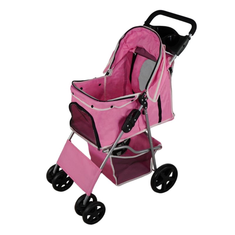 Pet Stroller Pushchair Pink Carrier Foldable Trolley Travel Cart 15kg Capacity 4 Wheels Brakes Cat Dog Safety Snap Hook Leash Cushion Canopy Mesh Windows Basket Cup Holders FREE Waterproof Rain Cover