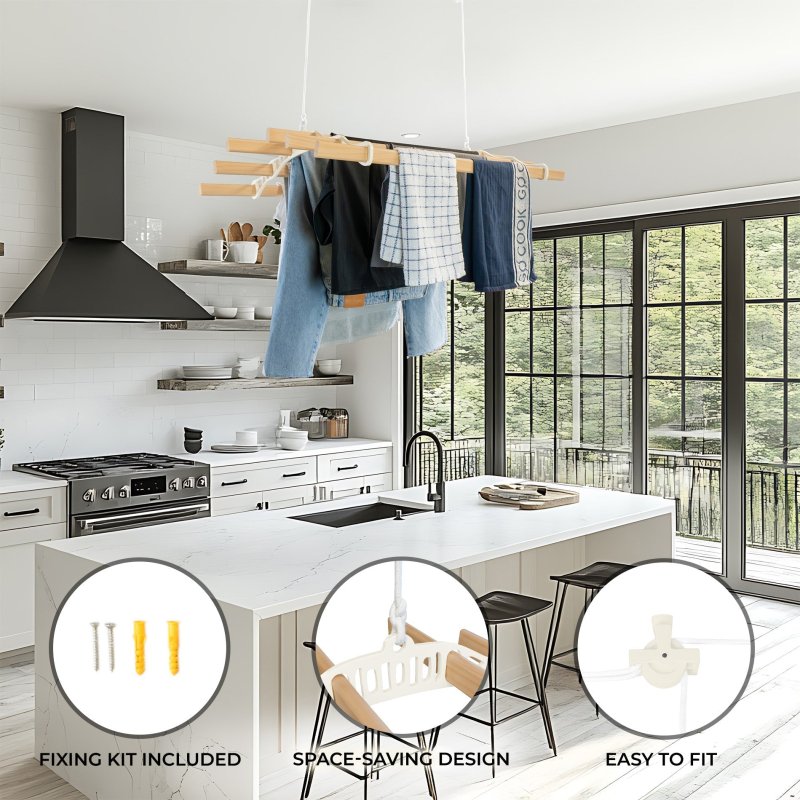 Clothes Airer Ceiling Pulley 6 Lath 0.9m Ivory Maid Traditional Mounted Clothing Dryer Victorian Clothes Horse Laundry Drying Rack Extendable Cast Iron Varnished Pine Kitchen Utility FREE Fixing Kit