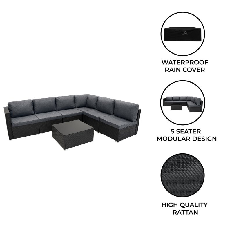 Rattan Garden Corner Furniture Set Outdoor Premium 7 PC Black 5 Seater Modular Sofa Chairs With Cushions Glass Top Coffee Table UV Protected Metal