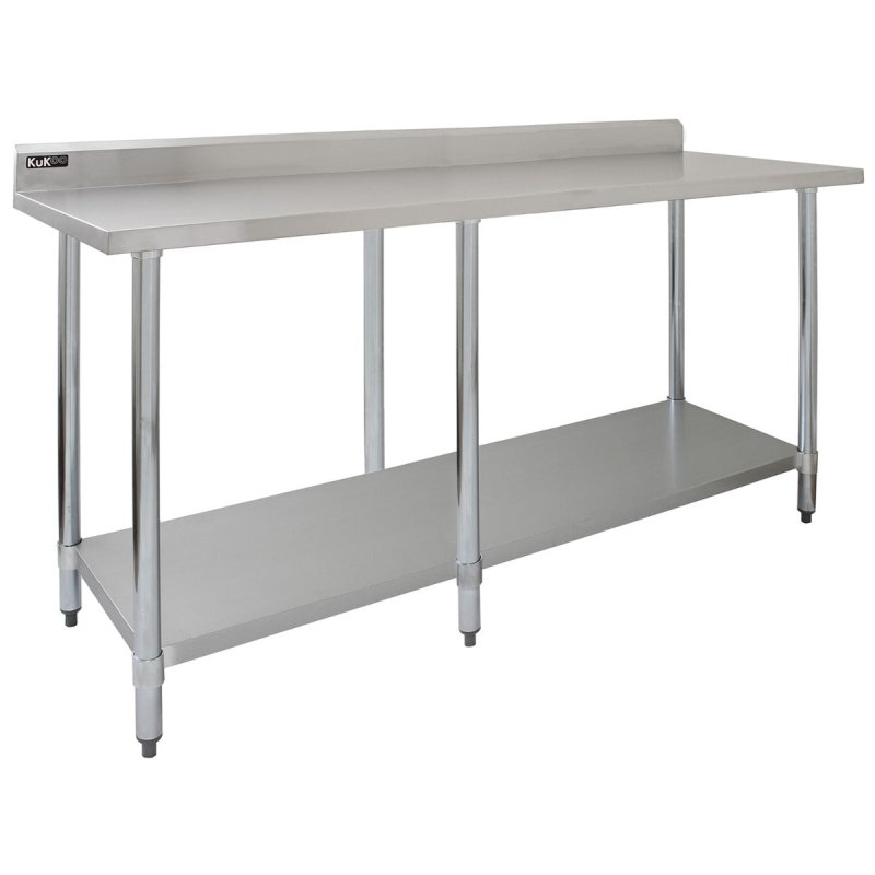 7FT Kitchen Work Bench Catering Table Commercial Stainless Steel Food Prep Surface Restaurant Storage Shelf 250kg Weight Capacity Adjustable Height 10cm Backsplash Upstand 2 x FREE Microfibre Cloths