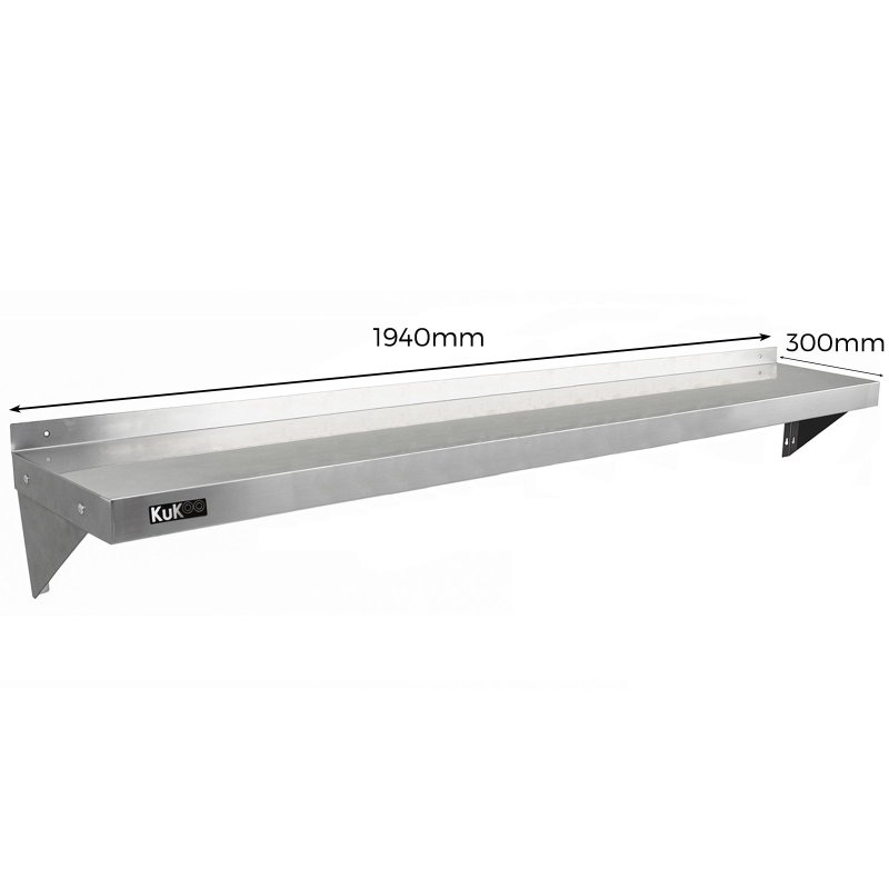KuKoo Commercial Catering Corrosion Resistant x 2 Stainless Steel Kitchen Wall Shelf & Free Microfiber Cloths 1940mm x 300mm