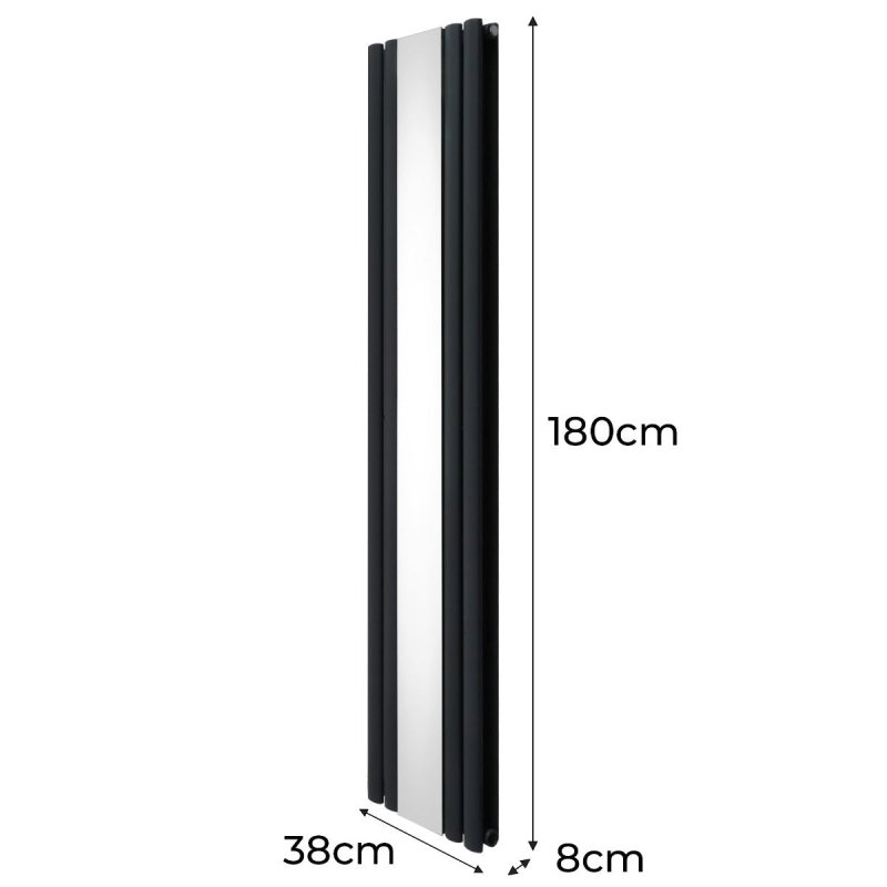 Oval Panel Radiator With Mirror 1800mm x 380mm & TRV Chrome Valves Designer Double Column Vertical Anthracite Grey Carbon Steel Wall Mounted Kitchen Living Room Cleaning Brush Fixing Kit & Brackets