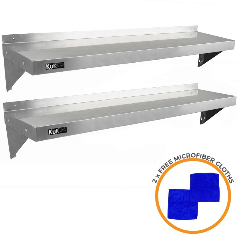 KuKoo Commercial Catering Corrosion Resistant x 2 Stainless Steel Kitchen Wall Shelf & Free Microfiber Cloths 1400mm x 300mm