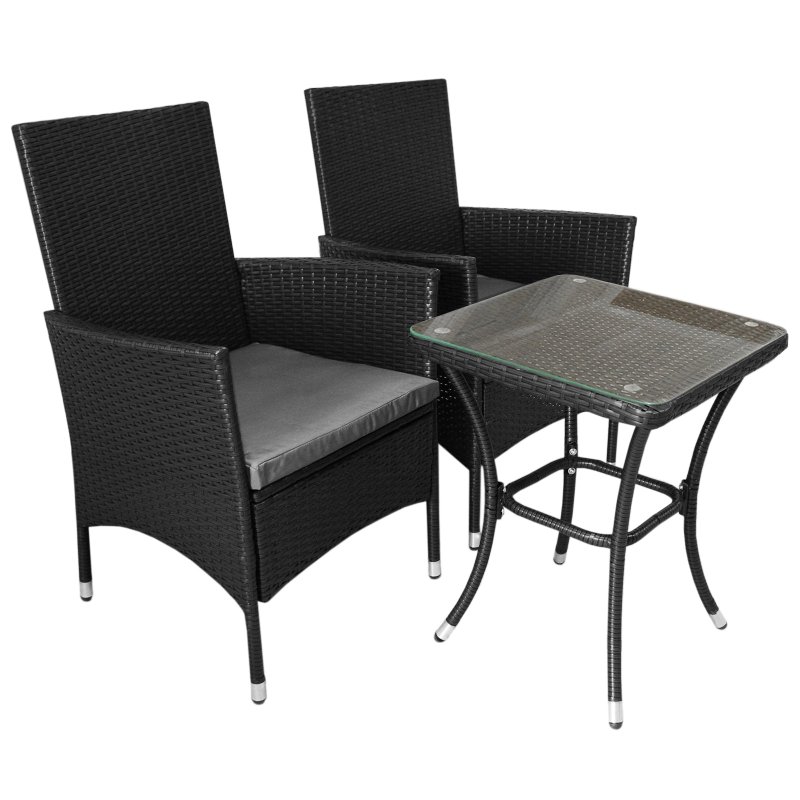 Black Rattan Bistro Set Garden Furniture 3 PCs Patio Weave Companion Outdoor Chairs Table Glass Top Set Conservatory Balcony 2 Seater Grey Cushions Washable Covers UV Protection | FREE Rain Cover