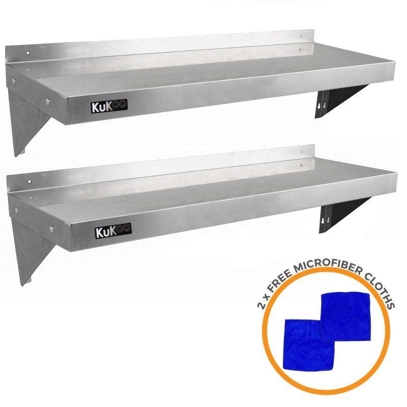 6ft Stainless Steel Catering Bench & 2 Wall Mounted Shelves Commercial Kitchen Work Prep Table Worktop Backsplash 2 Tier Adjustable Heavy Duty Corrosion Resistant FREE Microfibre Cloths & Fixing Kit