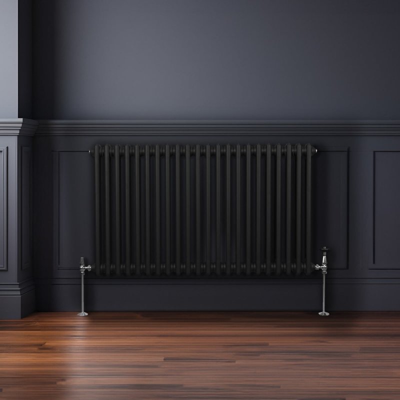 Traditional 2 Column Radiator 600mm x 1012mm Modern Central Heating Heater Matt Black Carbon Steel Horizontal Wall Mounted Kitchen Living Room Bathroom FREE Cleaning Brush Fixing Kit & Brackets