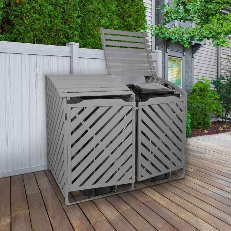 Double Wheelie Bin Storage Shed Wooden Dustbin Store Cupboard Outdoor Grey Wash Timber Cover Lockable Latched Recycling Garden