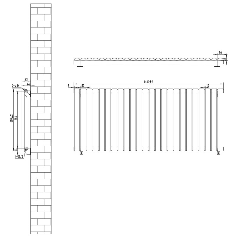 Oval Single Column Radiator & Valves - 600mm x 1440mm - Black