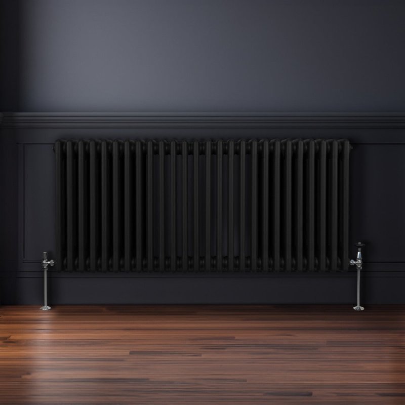Traditional 3 Column Radiator 600mm x 1192mm Modern Central Heating Heater Matt Black Carbon Steel Horizontal Wall Mounted Kitchen Living Room Bathroom Cleaning Brush Fixing Kit & Brackets
