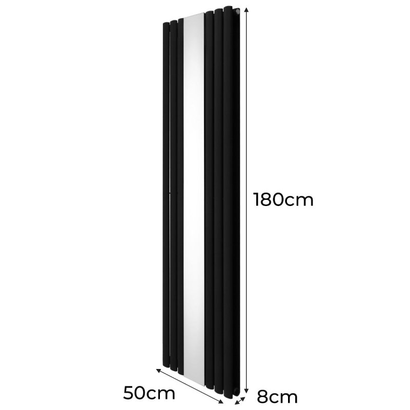 Oval Panel Radiator With Mirror 1800mm x 500mm & TRV Chrome Valves Designer Double Column Vertical Black Carbon Steel Wall Mounted Kitchen Living Room Cleaning Brush Fixing Kit & Brackets