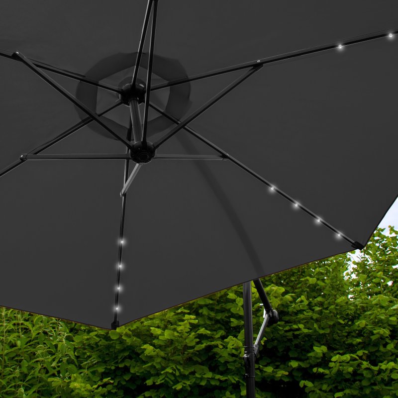 LED Cantilever Parasol 3m Grey Banana Hanging Umbrella Garden Sun Shade Canopy Patio 360 Rotation Tilt UV Protection Winding Crank 24 Solar Powered Cool White Lights FREE Rain Cover & Square Base