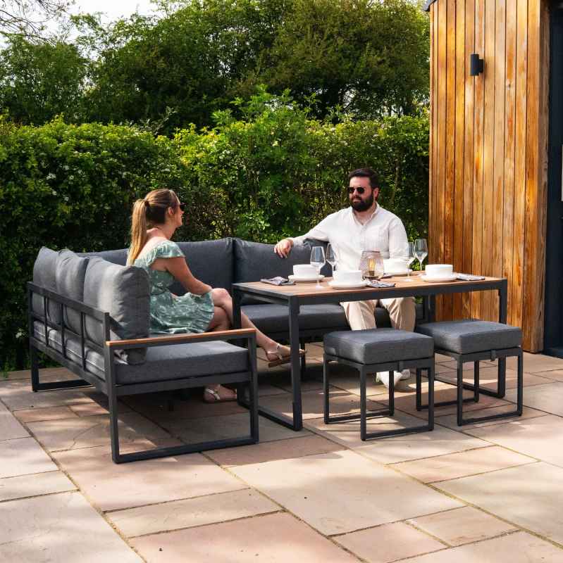 Aluminium Corner Sofa Set With Black Rattan Storage Box - Wood Effect