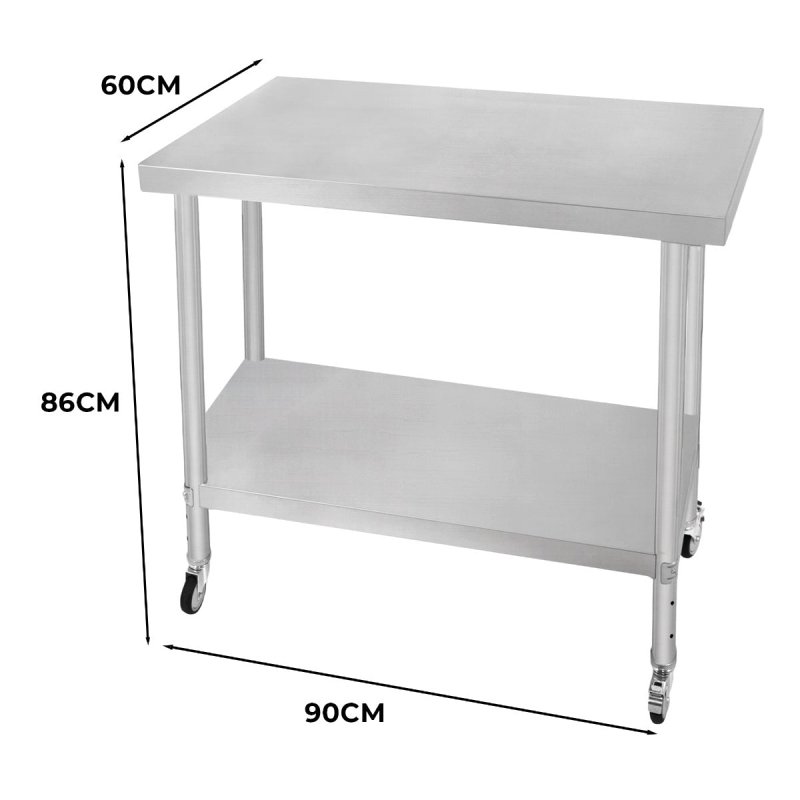 Catering Work Bench Table Stainless Steel Food Prep Kitchen Mobile 4 x Castor Wheels With 2 Brakes & 4 Adaptable Feet Adjustable Lower Shelf 3 Positions 160kg Load Capacity 60cm x 90cm x 86cm