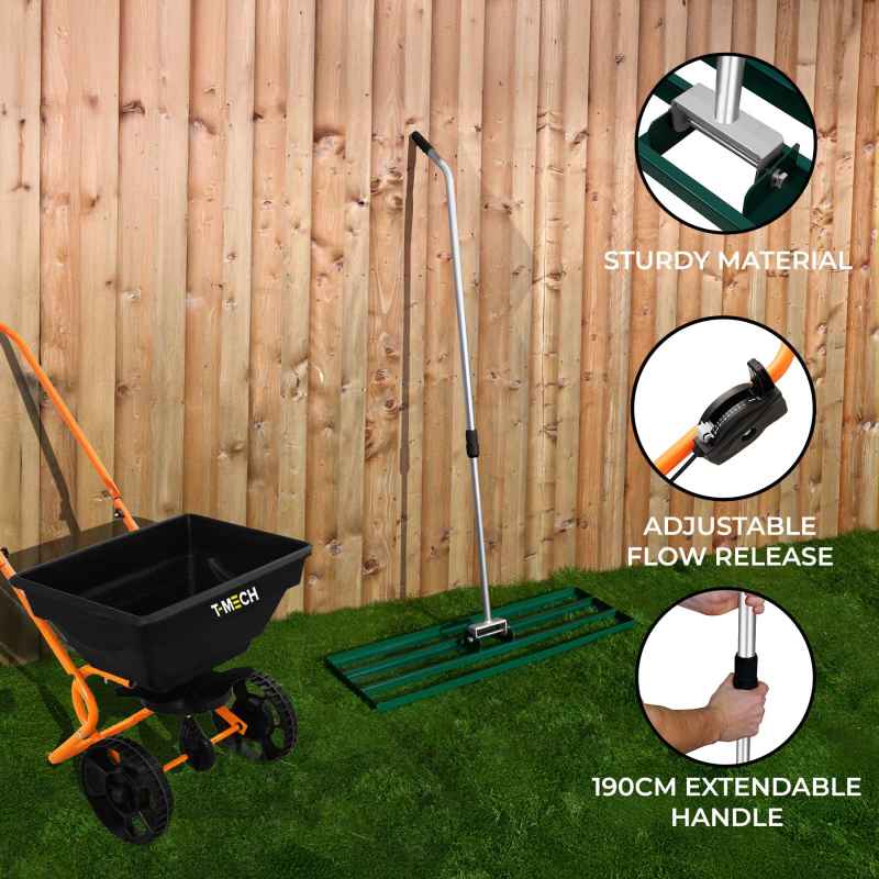 Lawn Leveller & Rotary Spreader Gritter Fertiliser Garden Levelling Rake Lute 100 x 32cm Green Removable Extendable Handle 1.15 - 1.9m Easy Grip 25kg Capacity Salt Grit Sand Seed Rain Cover & Gloves