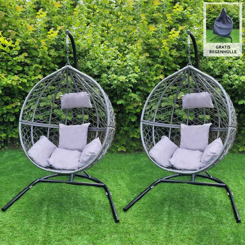 Swing Hanging Egg Chair Rattan Bench Garden Patio Outdoor Indoor Furniture Hammock Basket Seat Grey | with Cushions, Waterproof Cover and Stand