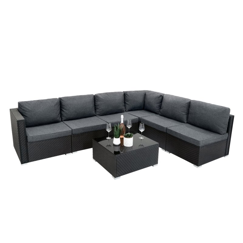 Rattan Garden Corner Furniture Set Outdoor Premium 7 PC Black 5 Seater Modular Sofa Chairs With Cushions Glass Top Coffee Table UV Protected Metal