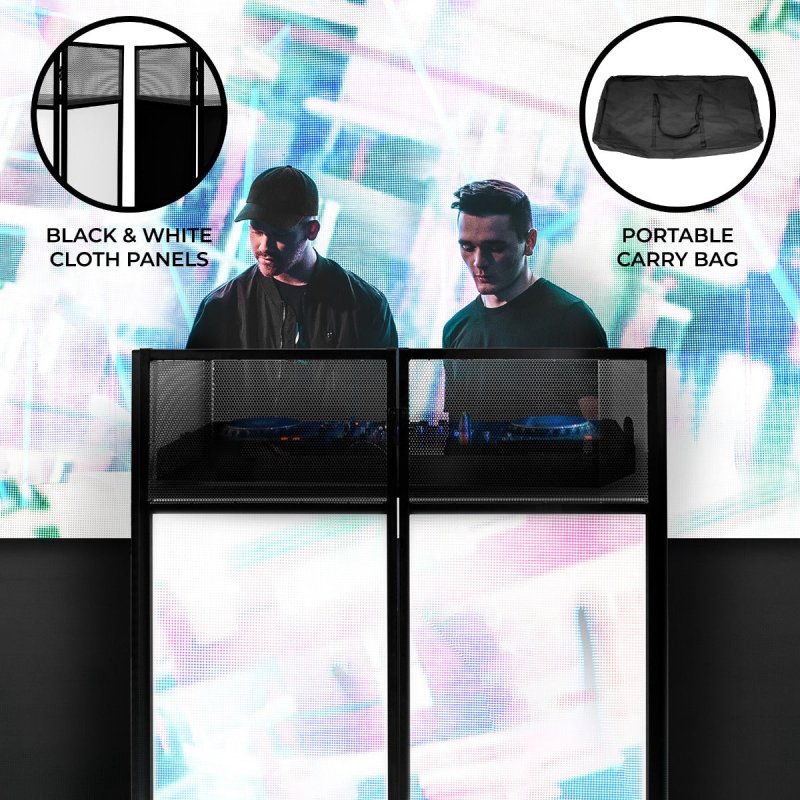 DJ Disco Booth Stand Mixer Shelf Foldable Portable Screen Table Powder Coated Steel Interchangeable Stretch Cloth Panels 1 x Black & 2 x White Cloths Carry Storage Bag Secure Handle Lock Complete Set