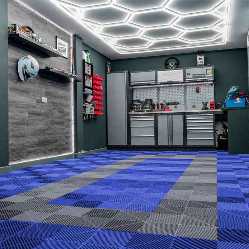 Vented Modular Interlocking Flooring Tiles & Edges 90 Blue & 30 Grey Single Garage Heavy Duty Floor Mat Showroom Workshop Outdoor Polypropylene Anti Slip Weather Resistant Drainage 3.2m x 6m 19.2m2