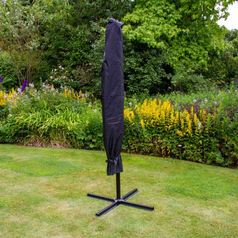 Grey LED Cantilever Parasol 3m Banana Hanging Umbrella Garden Sun Shade Canopy Patio Outdoor 360 Rotation Tilt UV Protection Winding Crank 24 Solar Powered Cool White LED Lights Waterproof Rain Cover