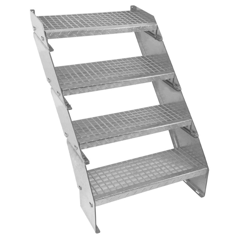 Metal Staircase 4 Section Adjustable Height 60cm / 600mm Wide Galvanised Steel Silver 4 Steps Weatherproof Grate Step Outdoor Garden Patio Modular Stairs 5mm Rod Thickness FREE Fixing Kit