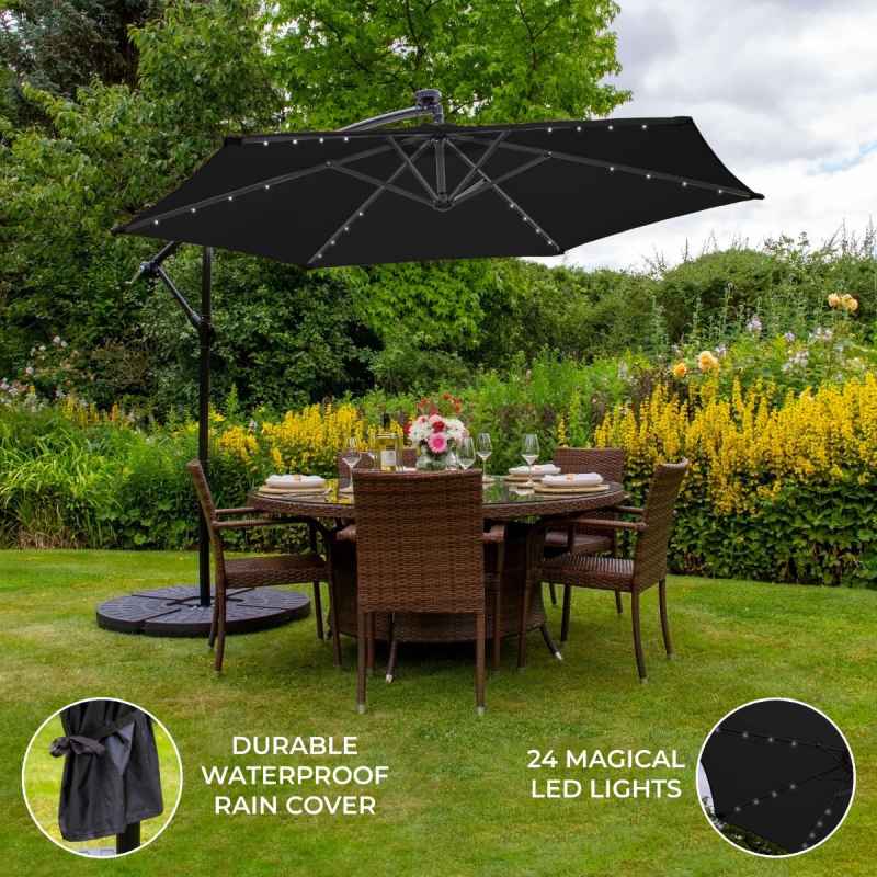 Black LED Cantilever Parasol 3m Banana Hanging Umbrella Garden Sun Shade Canopy Patio 360 Rotation Tilt UV Protection Winding Crank 24 Solar Powered Cool White LED Lights Waterproof Rain Cover & Base