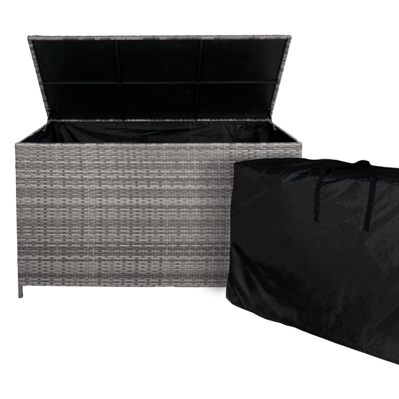 Rattan Garden Storage Grey Box & Waterproof Carry Bag Large Cushion Blanket Tools Toys Furniture Chest 582L Outdoor Patio Deck Steel Frame UV & Weather Resistant Gas Assisted Lift Lid Portable Wheels