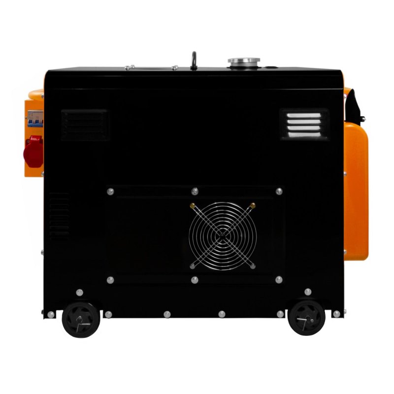 Silent Diesel Generator Three Phase ATS 6.5kVA 6500W 13HP 230V \ 400V Electric Start Closed Frame Emergency Power 4 Portable Wheels Black Powder Coated Steel 20L Fuel Capacity Tool Kit & Funnel