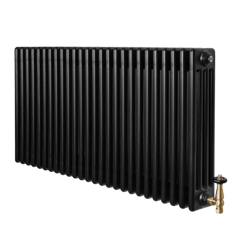 Traditional 4 Column Radiator & Valves - 600 x 1190mm - Black