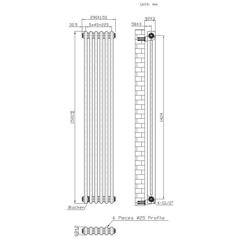 Traditional 2 Column Radiator - 1500 x 290mm - Raw Metal