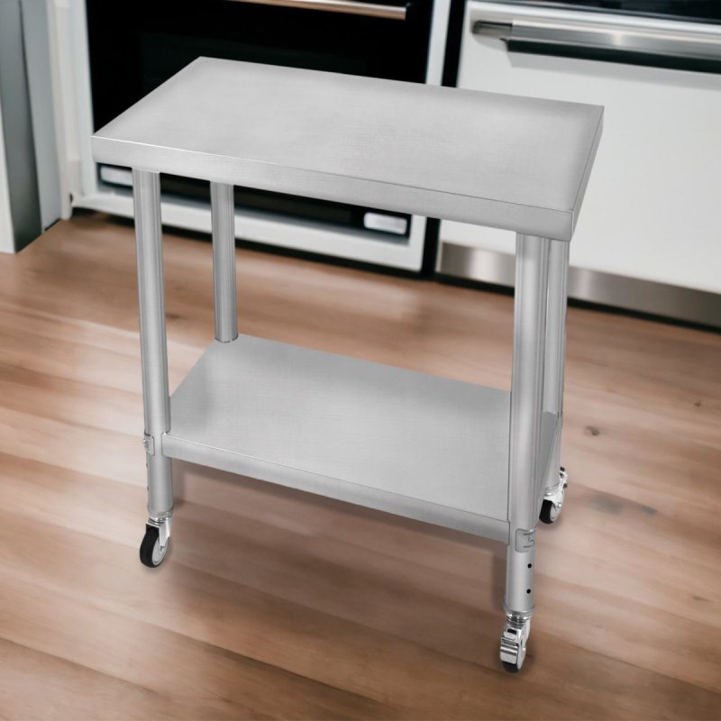 Catering Work Bench Table Stainless Steel Food Prep Kitchen Mobile 4 x Castor Wheels With 2 Brakes & 4 Adaptable Feet Adjustable Lower Shelf 3 Positions 160kg Load Capacity 76cm x 45cm x 86cm
