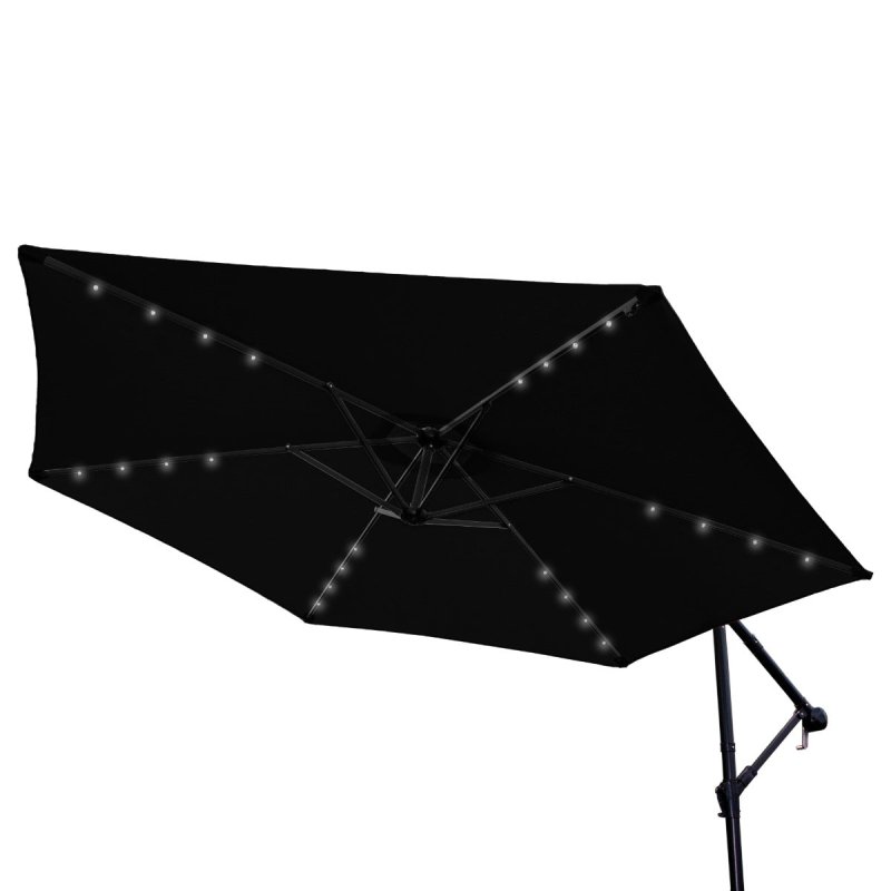 Black LED Cantilever Parasol 3m Banana Hanging Umbrella Garden Sun Shade Canopy Patio Outdoor 360 Rotation Tilt UV Protection Winding Crank 24 Solar Powered Cool White LED Lights Waterproof Rain Cover