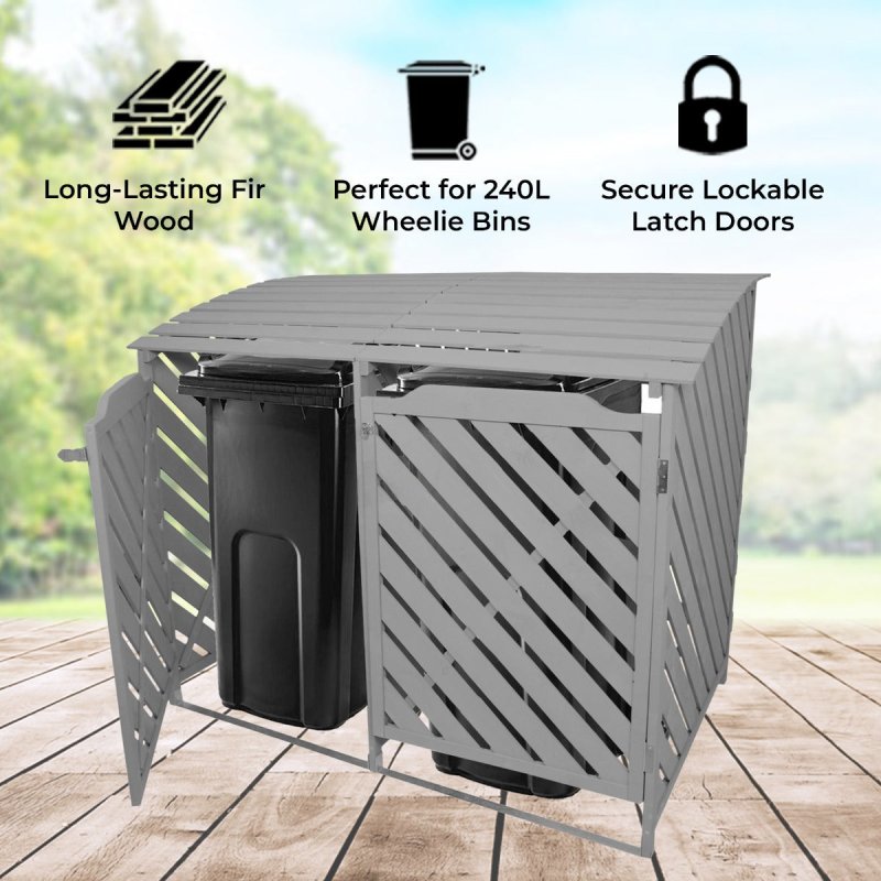 Double Wheelie Bin Storage Shed Wooden Dustbin Store Cupboard Outdoor Grey Wash Timber Cover Lockable Latched Recycling Garden
