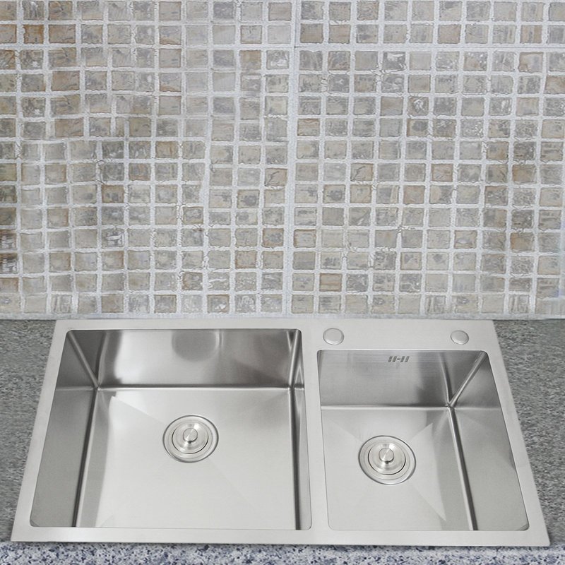 Stainless Steel Kitchen Sink Double Bowl Satin Finish Square Premium Handmade With Strainer Plug & Waste Pipe Set