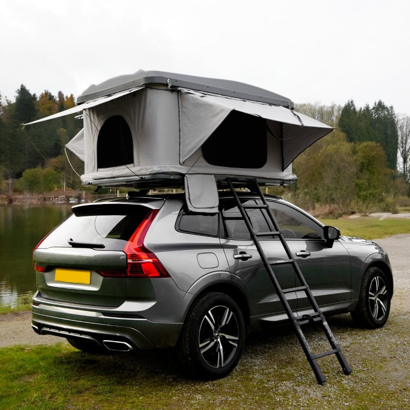Car Roof Top Tent Grey Large Hard Shell Box Gas Assisted Pop Up Bunk 2-3 Person 3000mm Waterproof Camping Telescopic Ladder 5.5cm Mattress Boot Bags Anti Condensation FREE Storage Net & Solar Torch