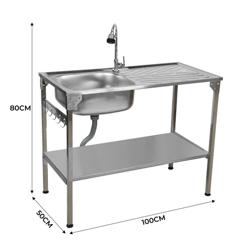 Folding Camping Sink Stainless Steel With Flexible Tap Portable Hand Wash Basin Single Bowl RH Drainer Drainage Pipe Height Adjustable Feet Outdoor FREE Carry Storage Bag Chopping Board & 5 x Hooks