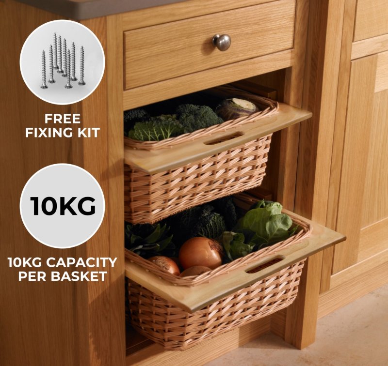 2 x Pull out Wicker Basket Drawer 500mm Kitchen Storage Solution Larder Base Unit Cupboard with Handle Rustic Beech Wood Farmhouse Style 100% Handmade Rattan FREE Fixing Kit Included