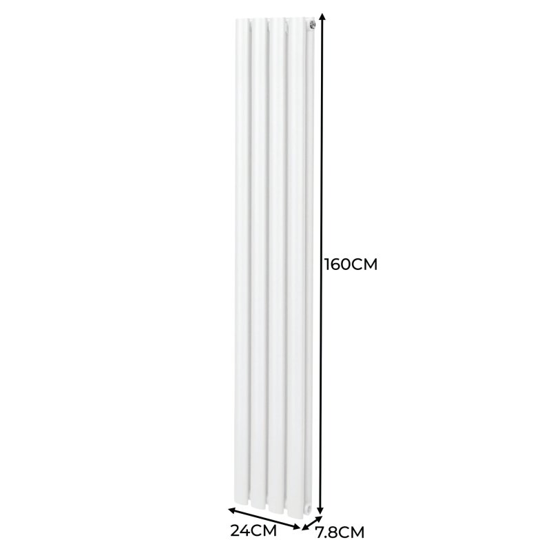 Oval Column Radiator 1600mm x 240mm & TRV Chrome Valves Modern Designer Double Panel Central Heating Heater White Steel Vertical Kitchen Living Room FREE Cleaning Brush Fixing Kit & Brackets