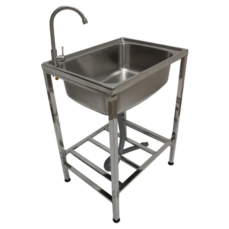 Camping Sink with Tap and Drainage Pipe Outdoor Stainless Steel Metal  Wash Basin Free Standing Portable