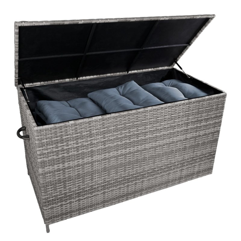 Rattan Garden Storage Grey Box & Waterproof Carry Bag Large Cushion Blanket Tools Toys Furniture Chest 582L Outdoor Patio Deck Steel Frame UV & Weather Resistant Gas Assisted Lift Lid Portable Wheels