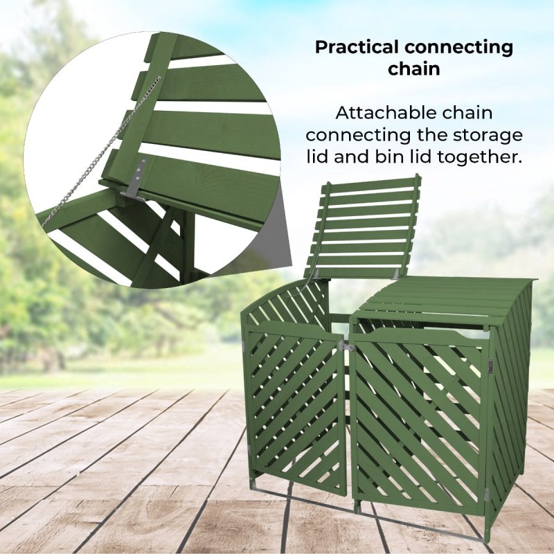 Double Sage Green Wheelie Bin Storage Shed Garden Latched Lockable Outdoor Dustbin Cover Store Unit Chain Lid