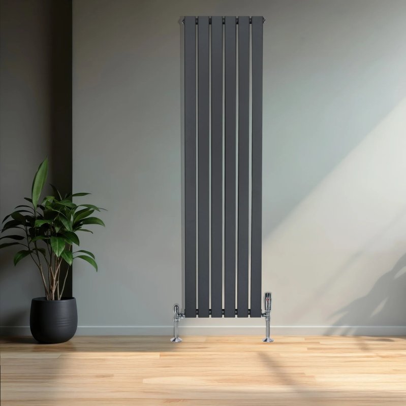 Flat Single Column Radiator & Valves - 1600mm x 420mm - Anthracite Grey