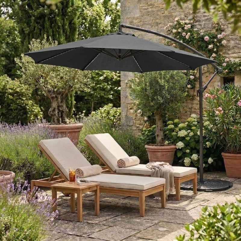 LED Cantilever Parasol 3m With Full Fan Base - Grey